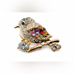 Rhinestone Gold-Toned Bird on Branch Brooch